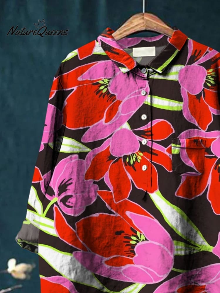 Women's  Flower Print Casual Cotton And Linen Shirt