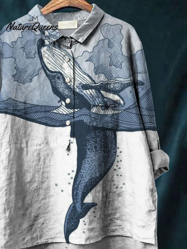 Women's  Whale Print Casual Cotton And Linen Shirt