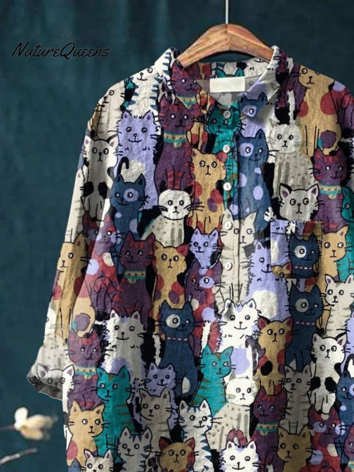 Cat Art Printed Women's Casual Cotton And Linen Shirt
