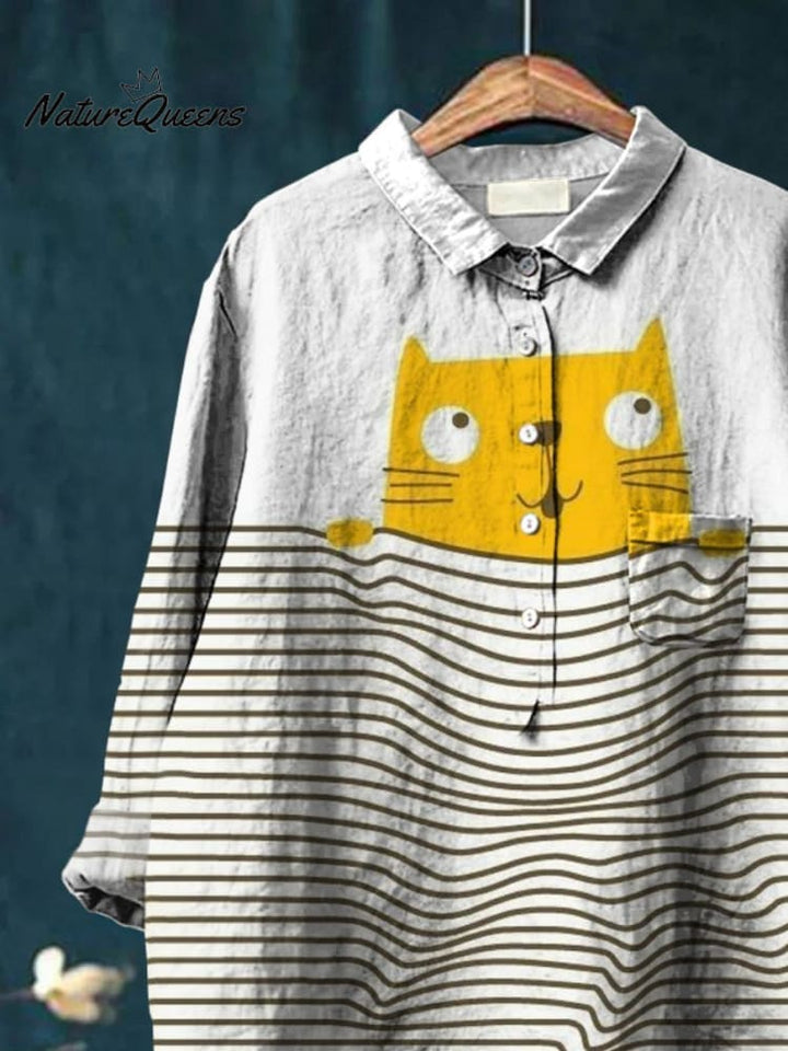 Women's  Cat Print Casual Cotton And Linen Shirt
